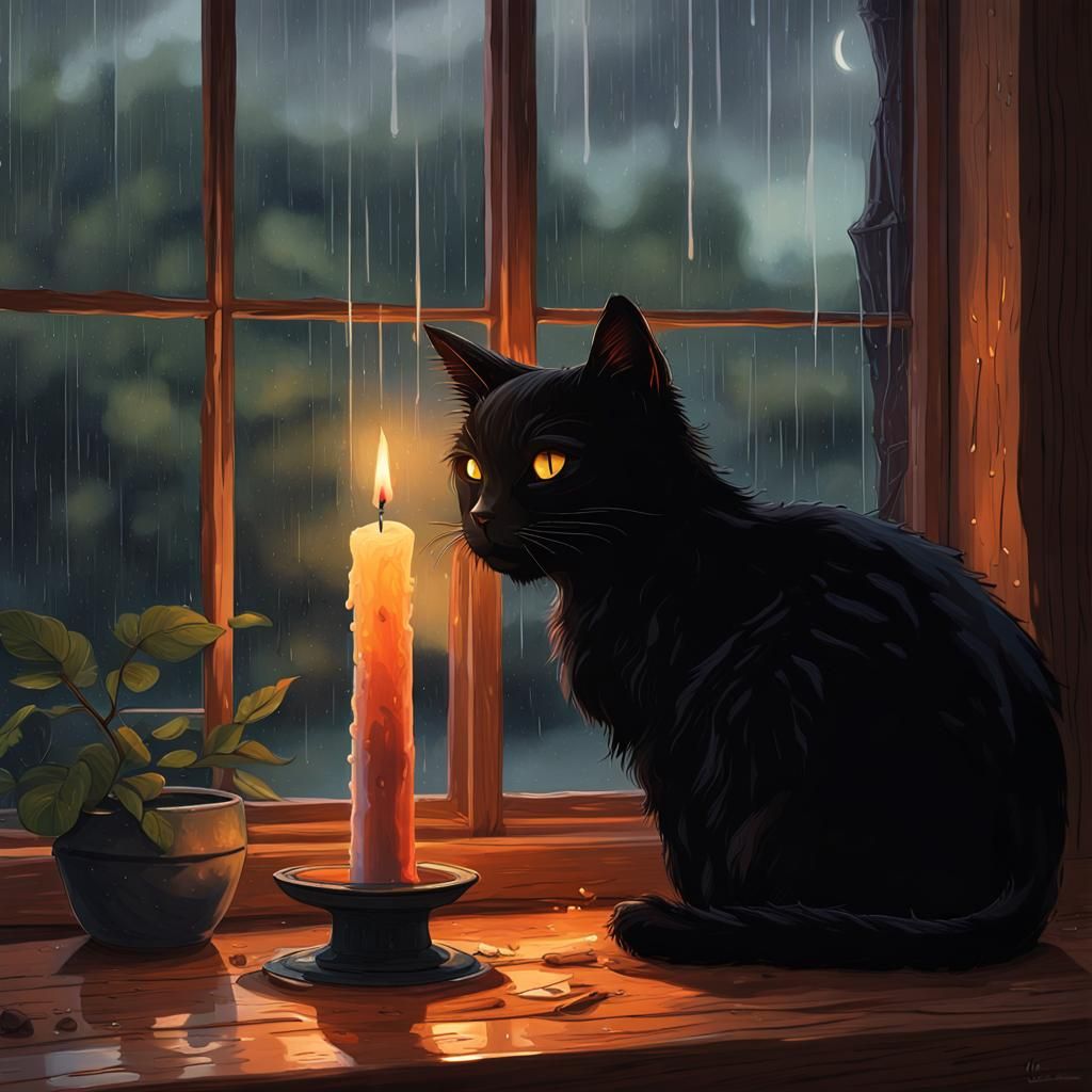 Rainy Forest Window with Candle and Cat