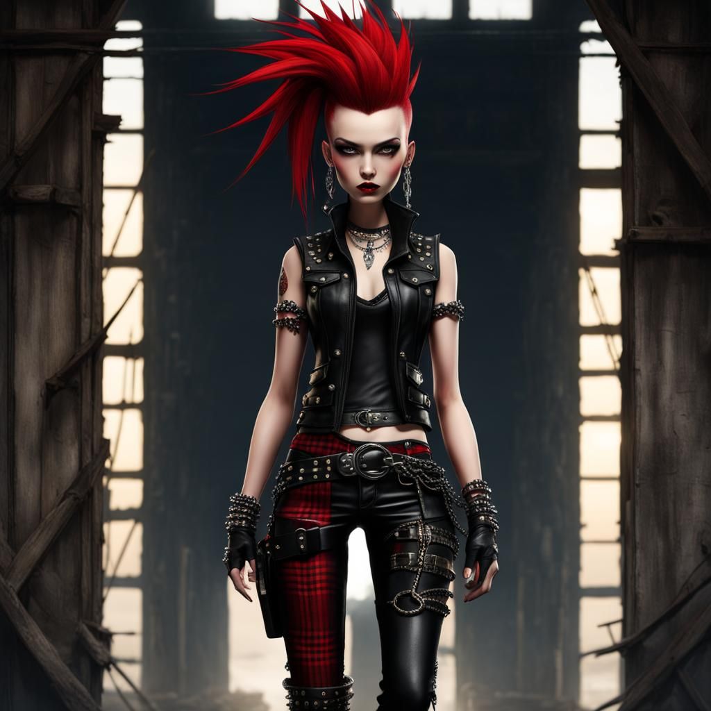Punk Girl with Mohawk in Warehouse, Hyperdetailed Art