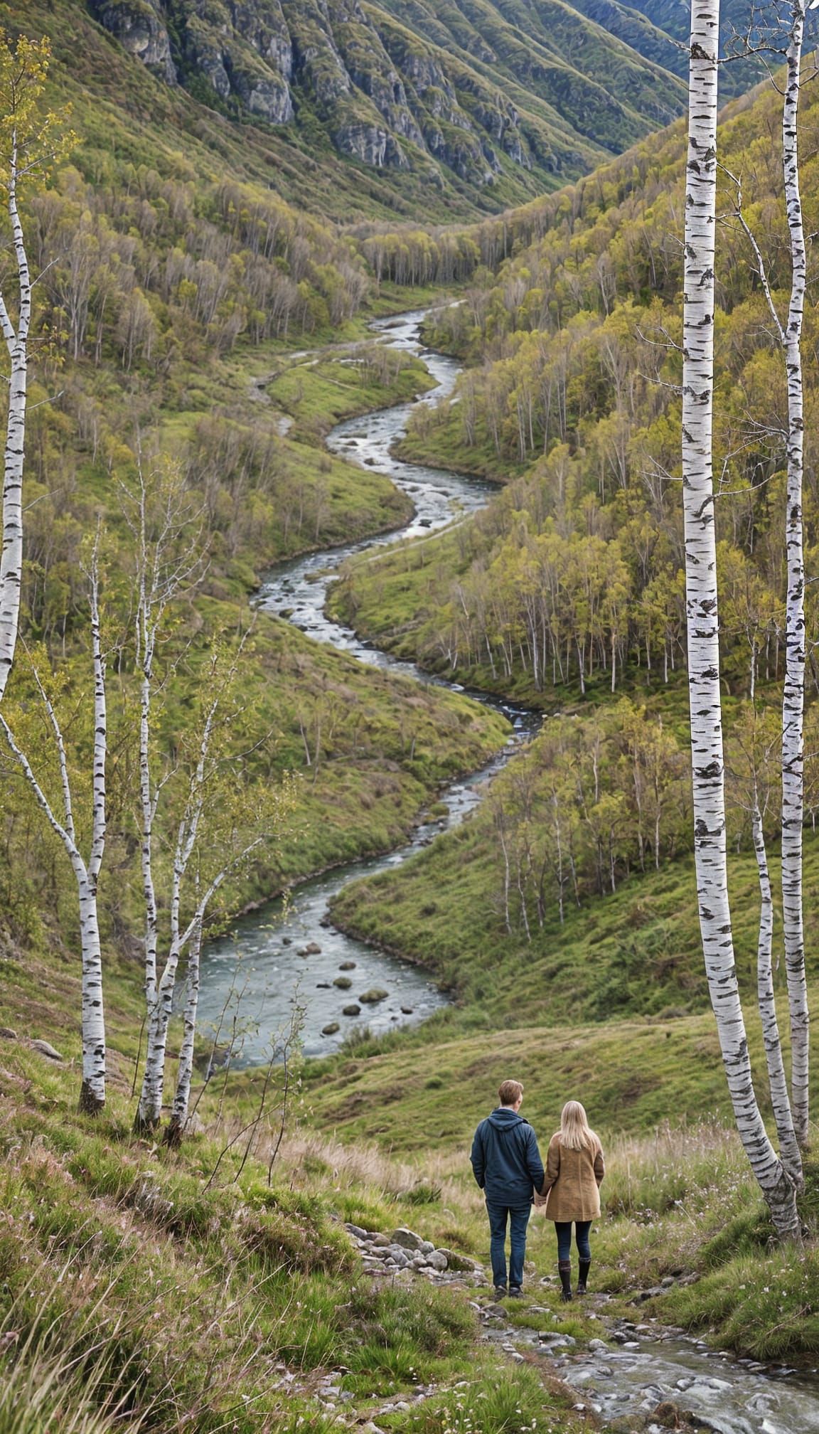 Nordic Couple Admiring Mountain Valley View
