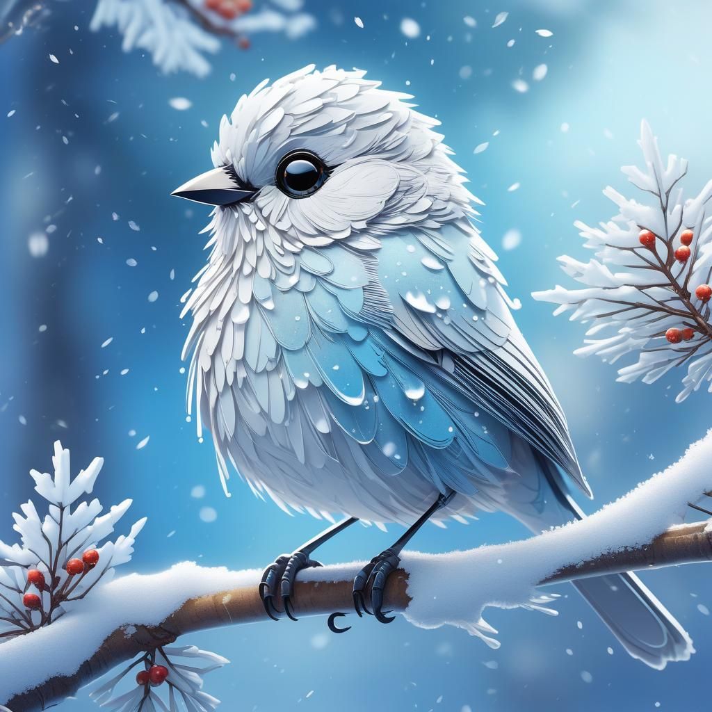 Snowflake Bird on Winter Branch in Anime Style