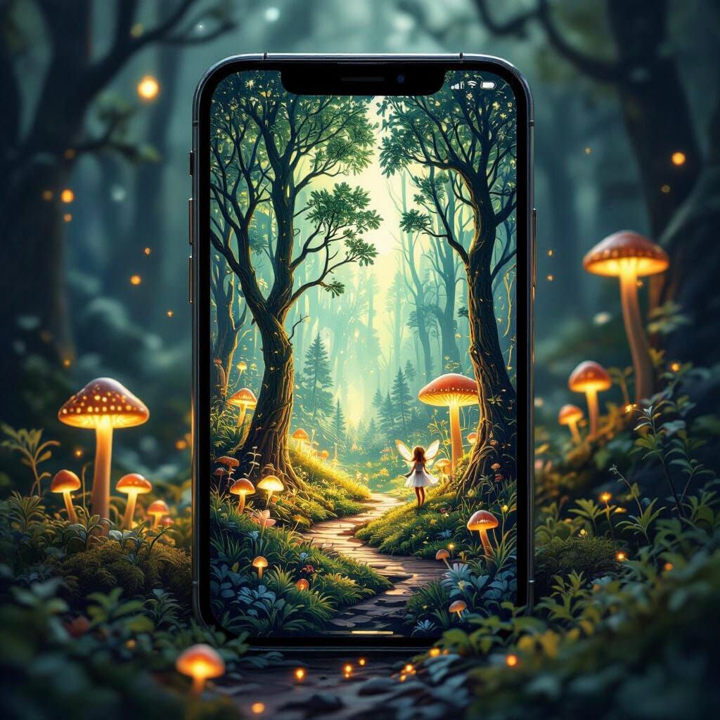 Enchanted Forest Inside Cracked Phone, Art Nouveau Style