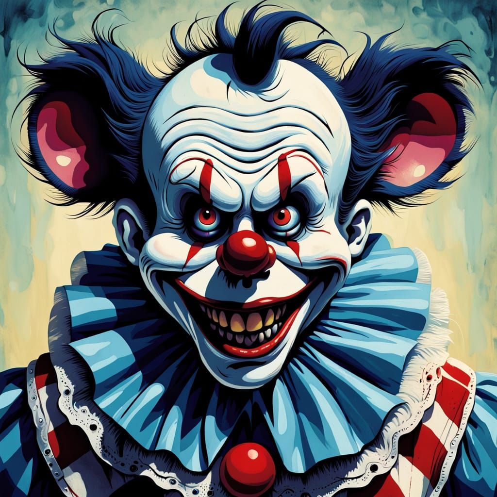 Grotesque Cartoon Clown Terrorizes Desolate Carnival