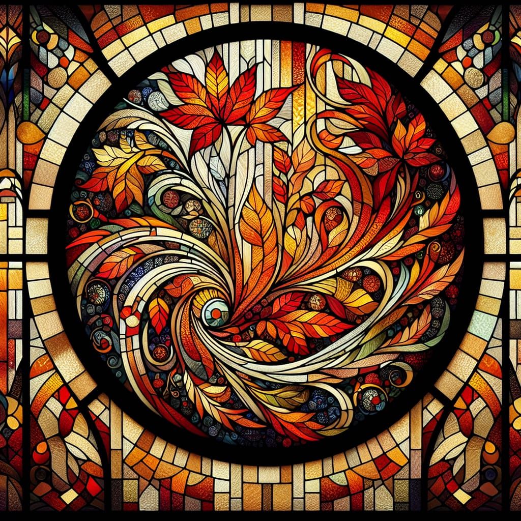 Arched Stained Glass Autumn Leaves Window