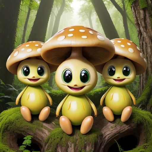 Anthropomorphic Mushrooms in Lush Forest: Macro Photograph