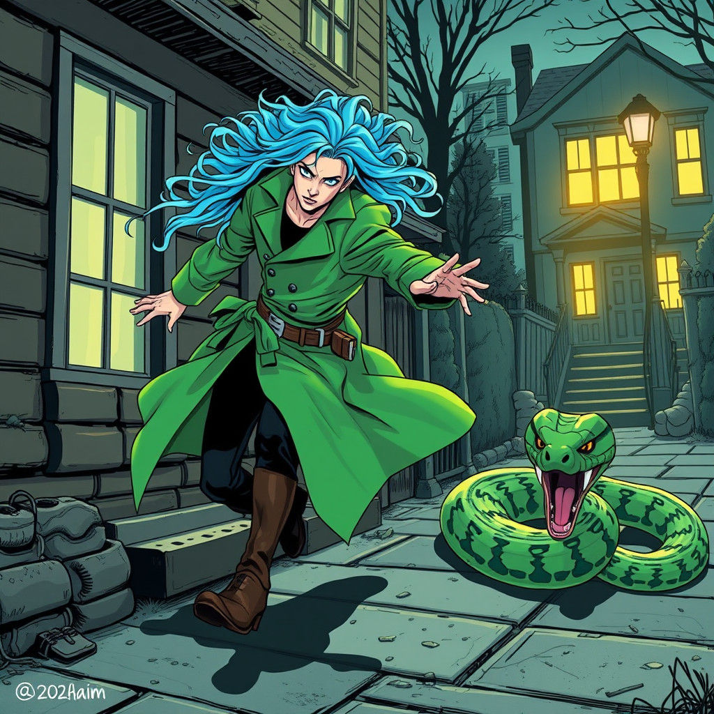 Hero Dodges Snake Demon in Comic Book Art