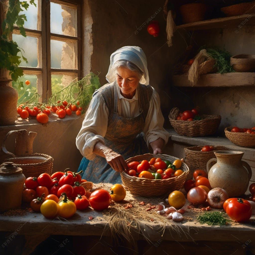 Italian Renaissance Tomato Harvest in Impressionist Style