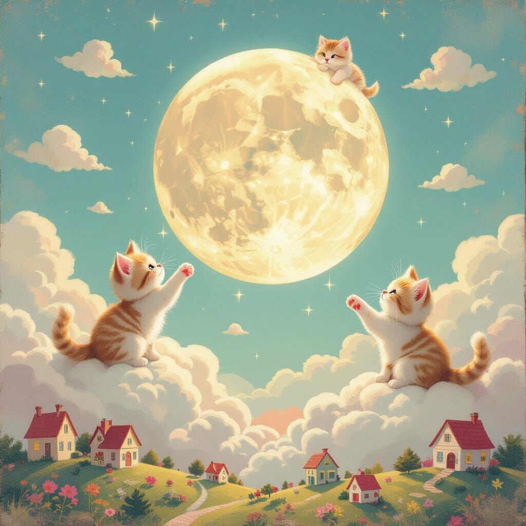 Giant Fluffy Kittens Batting at a Shimmering Moon