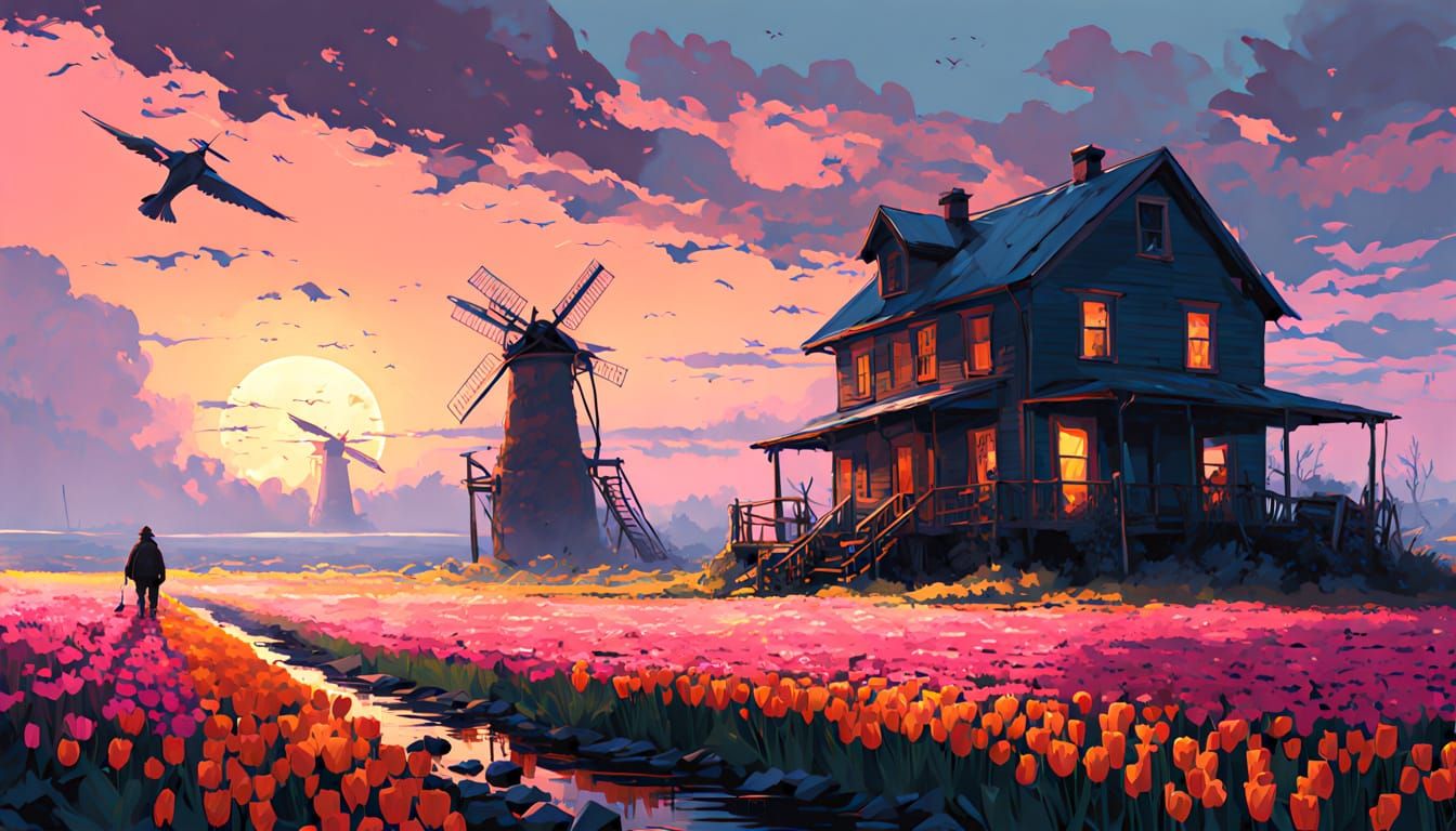 Vibrant Tulip Fields Under Golden Sunset