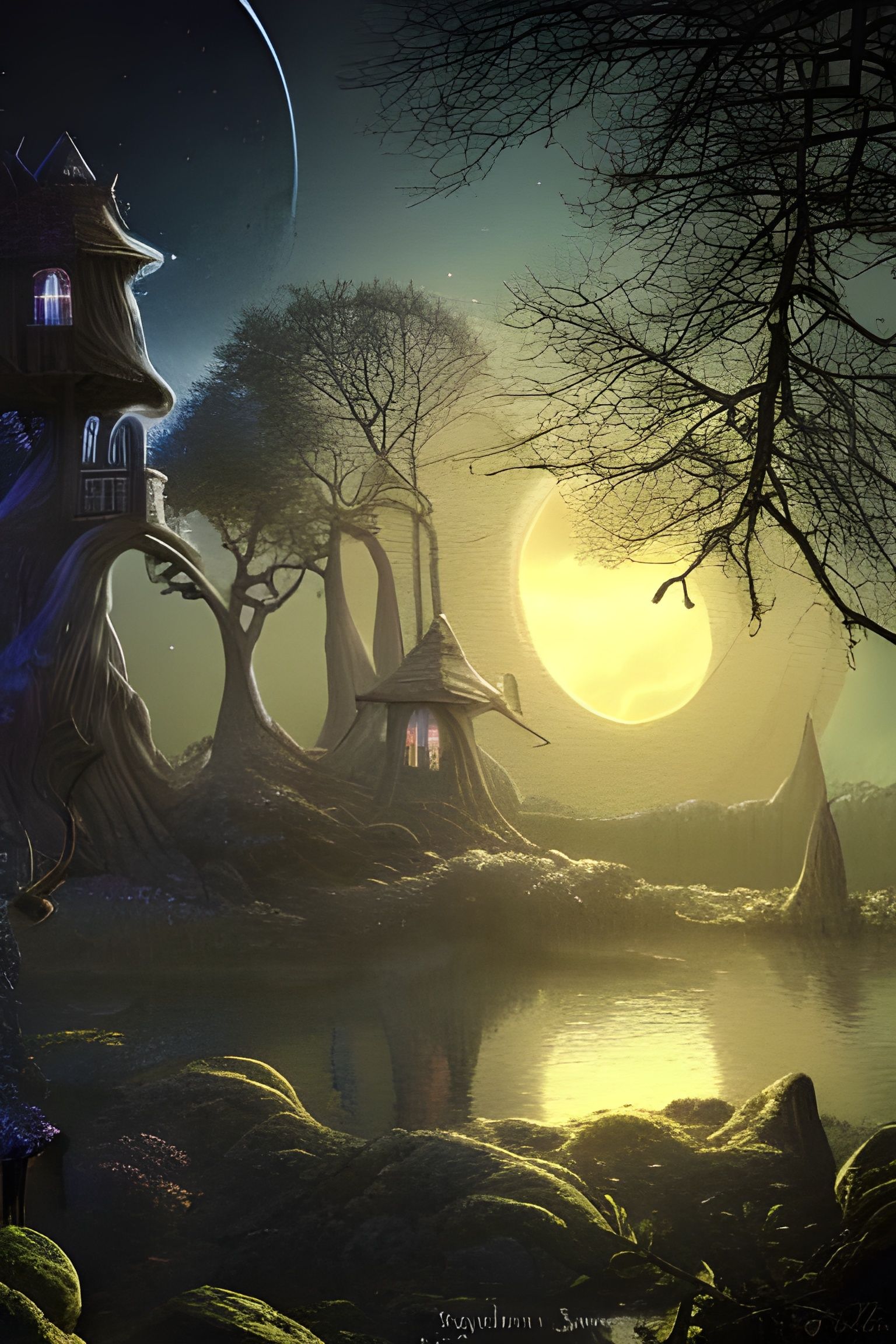 Arcane Treehouse Under a Detailed Moonlit Sky