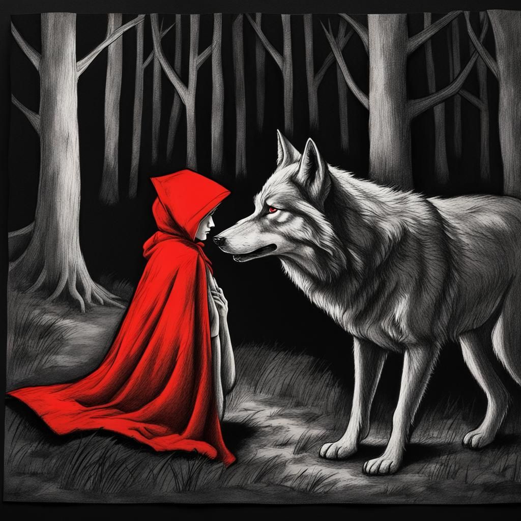 Little Red Riding Hood in Dark Woods: Charcoal Art