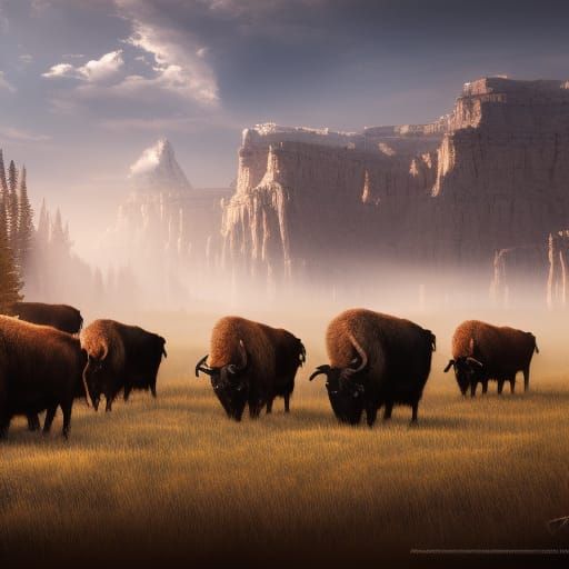 Wyoming Buffalo Herd: Detailed Matte Painting
