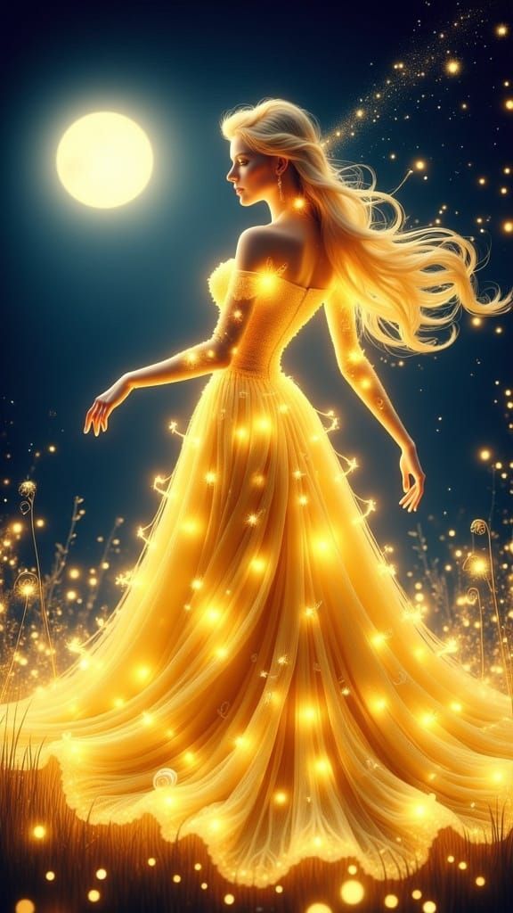<lora:Fairy Lights:1.0> Bella from Beauty and the Beast wearing a flowing glowing yellow illuminating ball adorned with ...