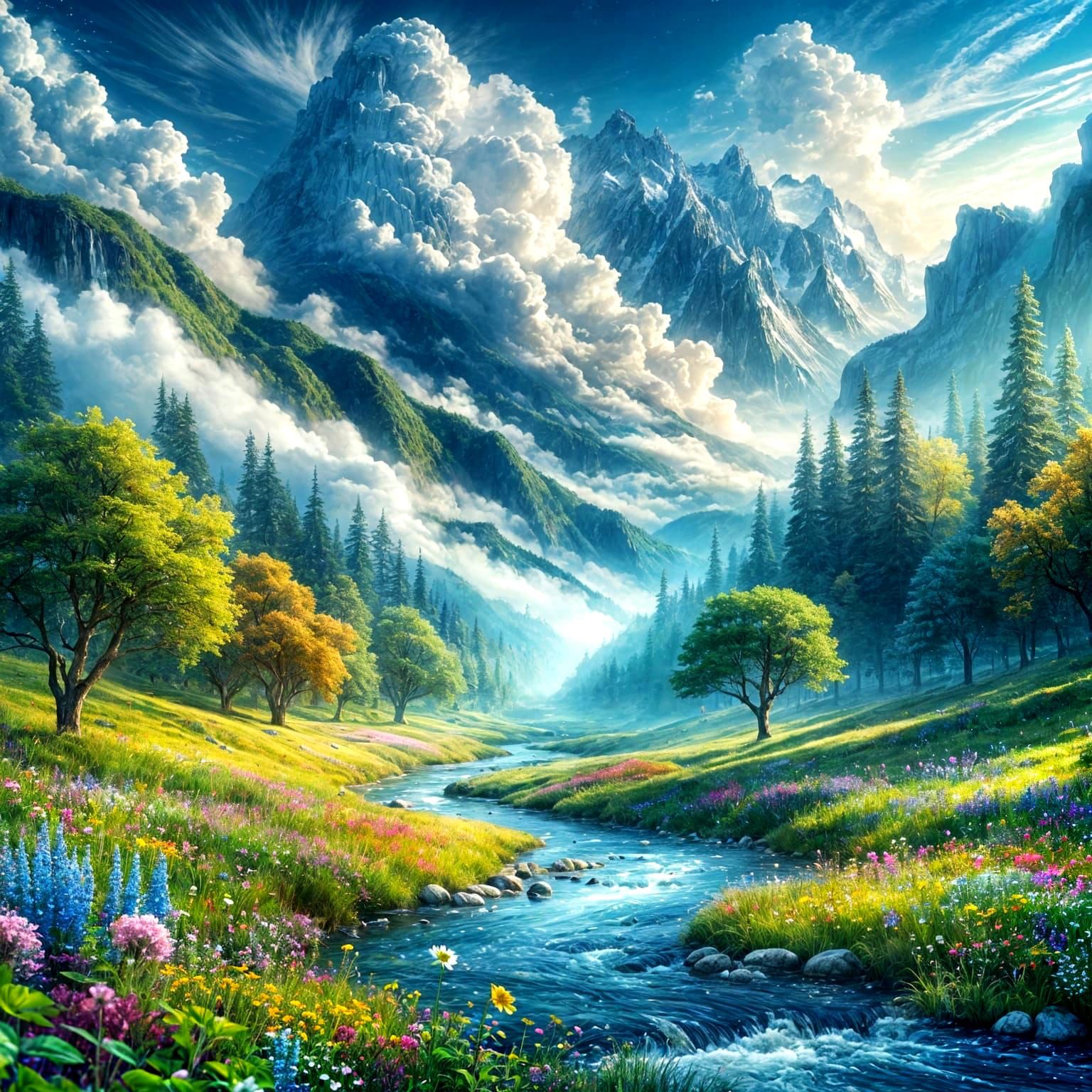 Tranquil Fantasy Landscape with River and Mountains