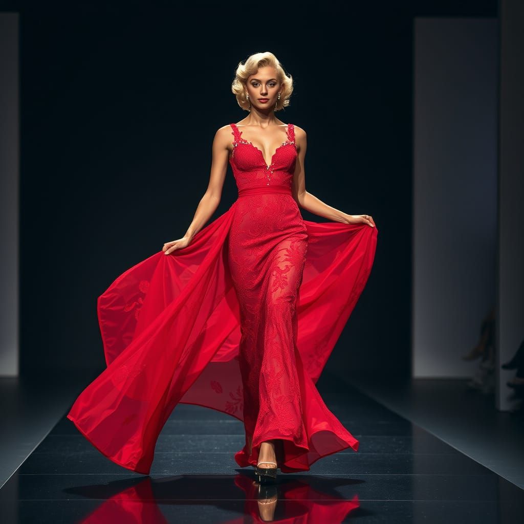 Elegant Black Model Struts Down Dark Runway in Raspberry Red...