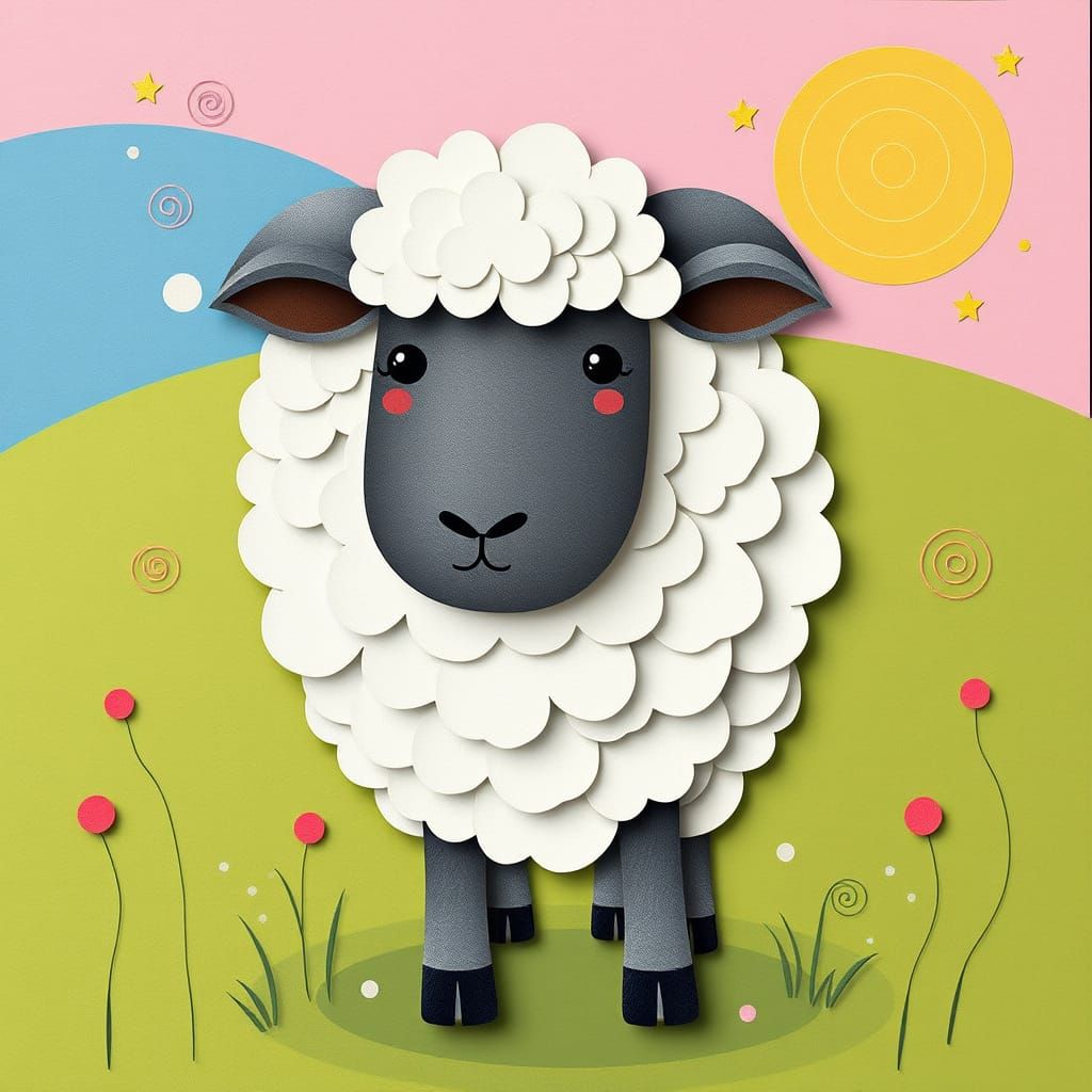 Whimsical Sheep Portrait in Naive Art Style