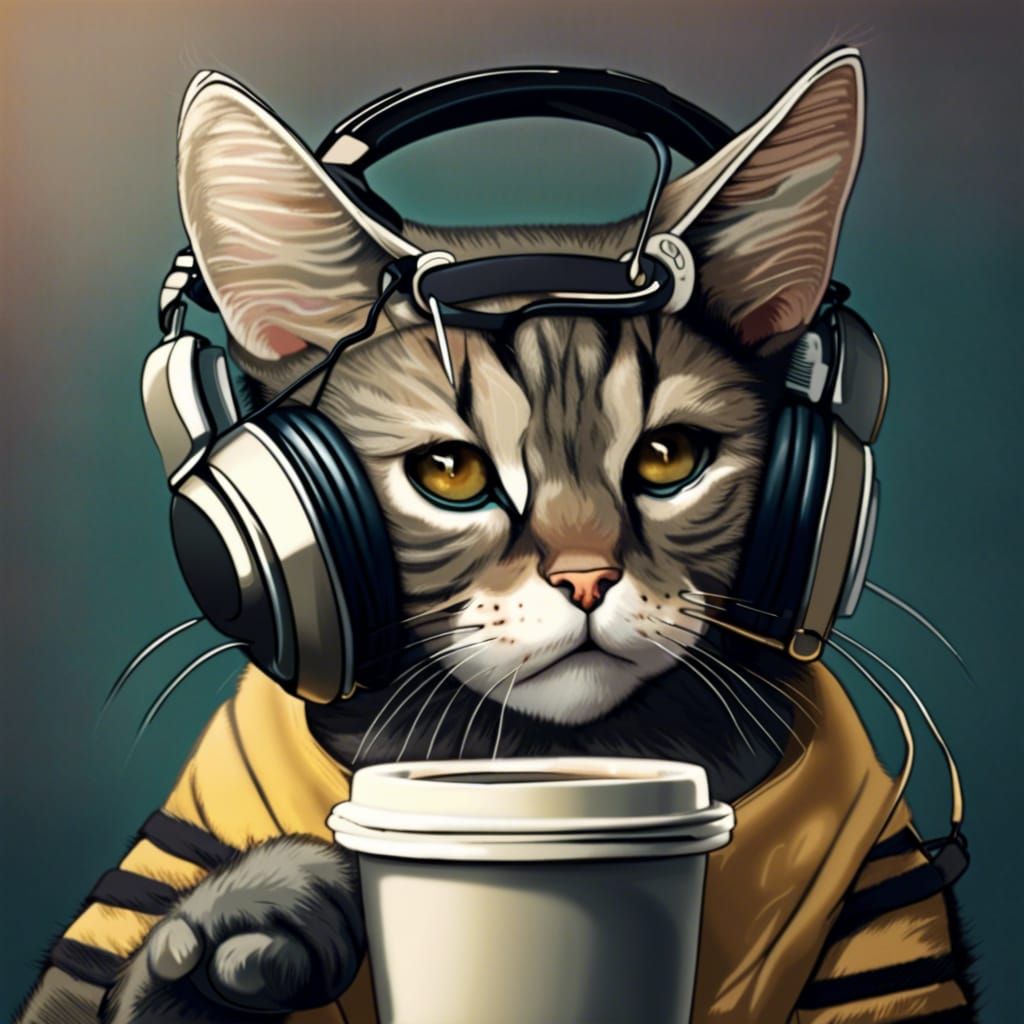 DJ Cat Sipping Coffee Wearing Headphones
