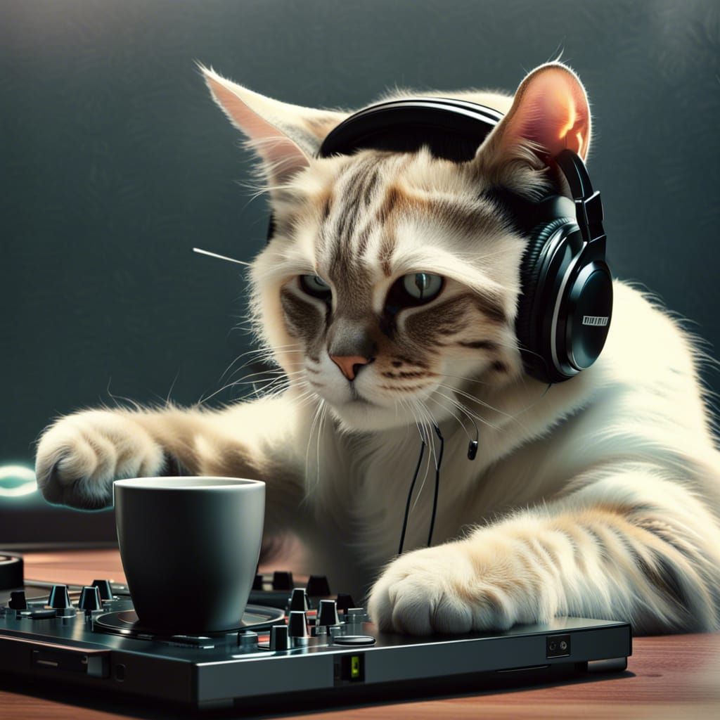 DJ Cat Sipping Coffee Wearing Headphones