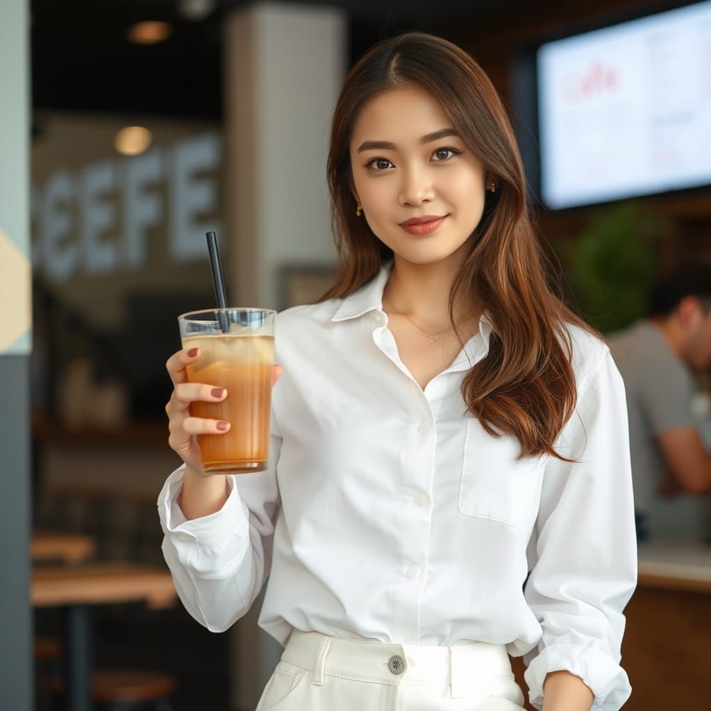 Young Woman Enjoying a Drink in a Coffee Shop