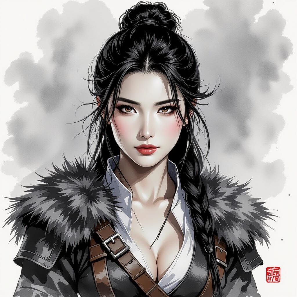 Monochrome Ink Portrait of a Female Warrior in East Asian St...