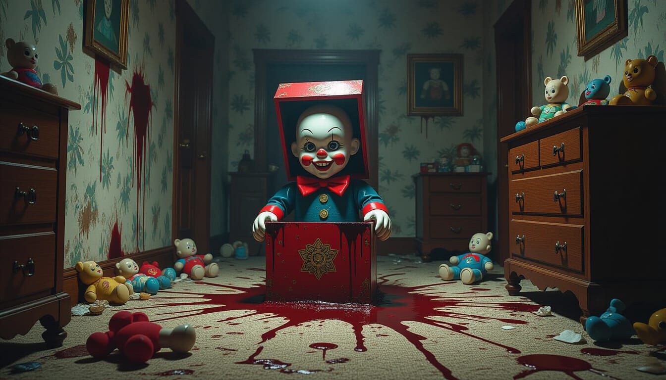 Ominous Jack-in-the-Box in Dark Fantasy Bedroom