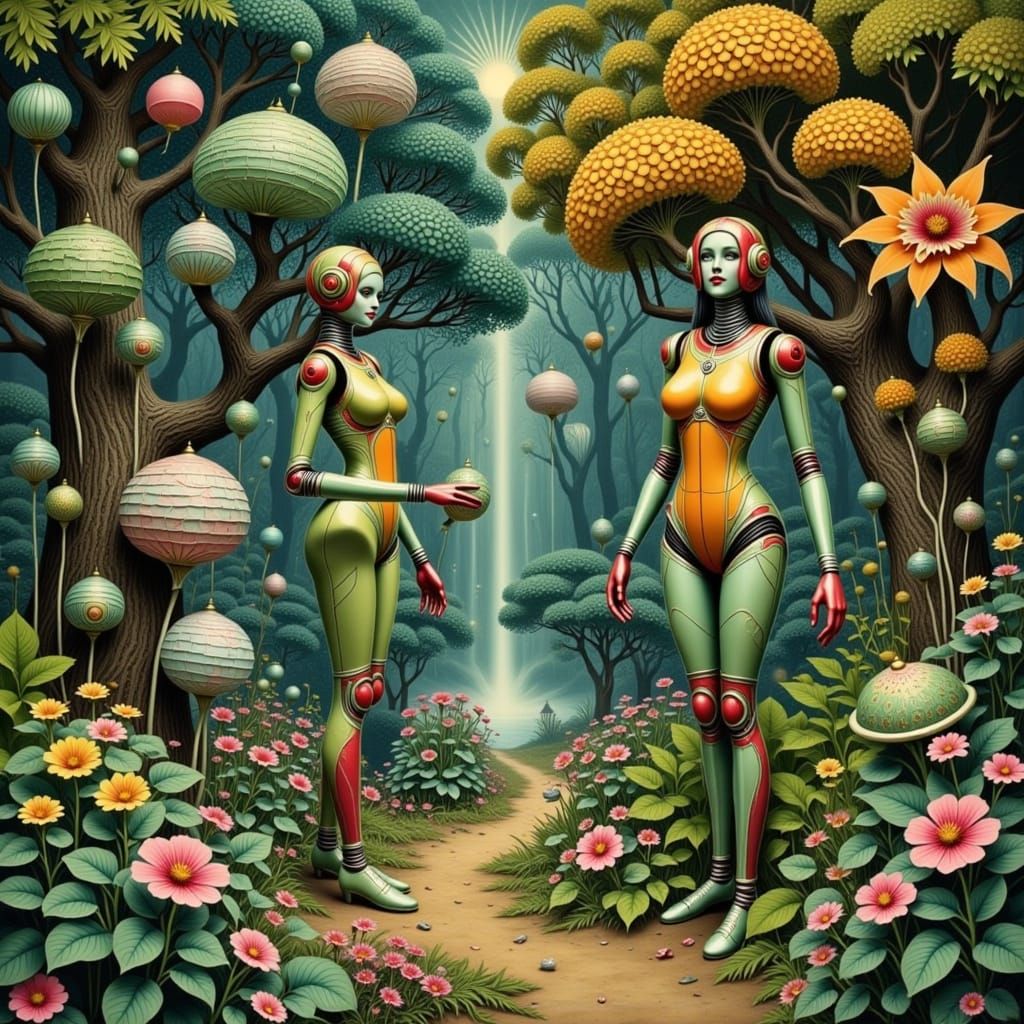 Retro Robot Princesses in Enchanted Klimt Garden