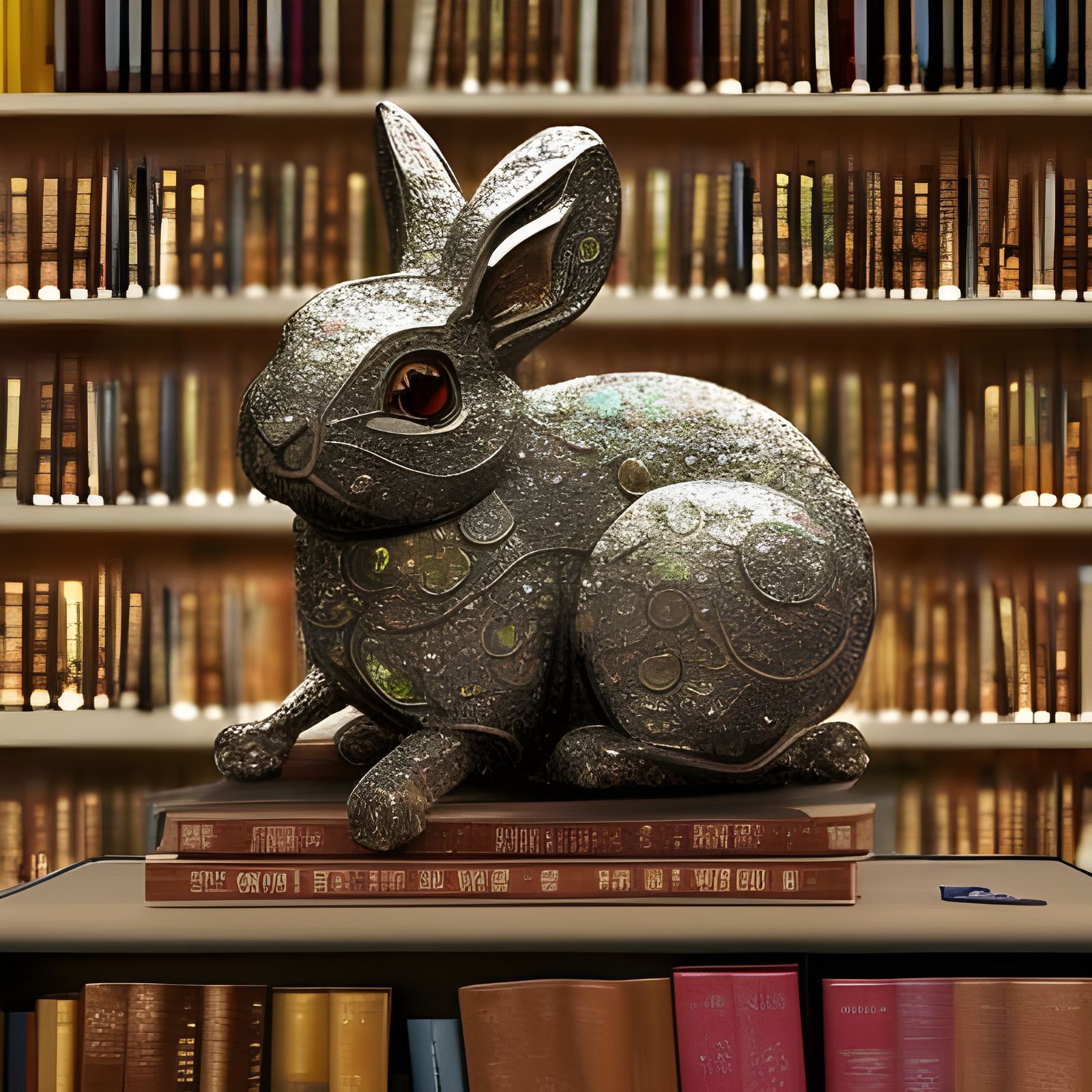Jeweled Metallic Rabbit Sculpture in Library