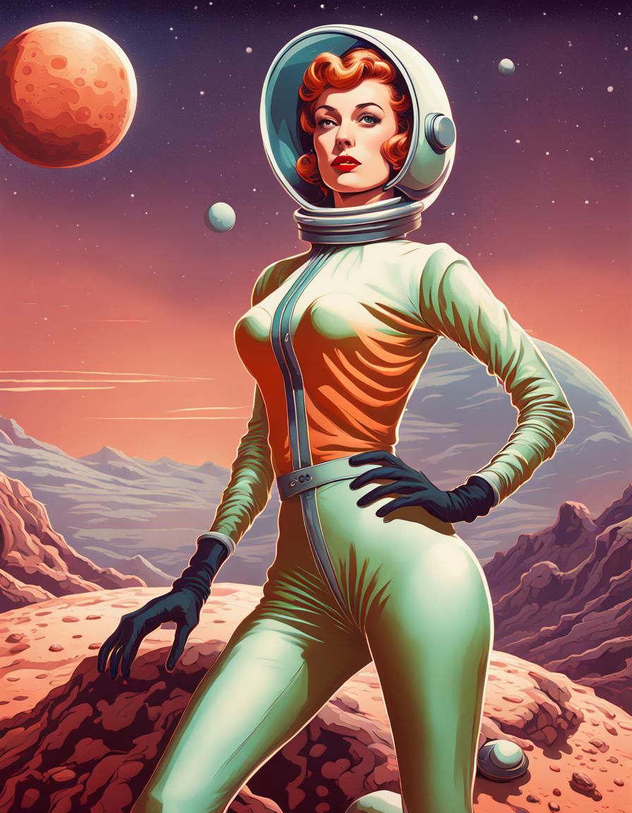 Retro-Futurist Pinup on Alien Planet in Atomic Punk Style