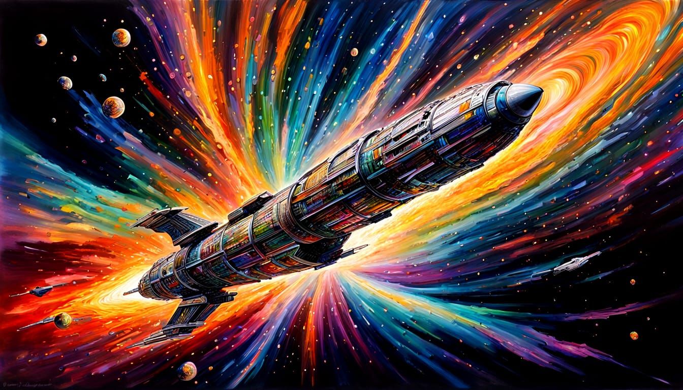 huge interstellar ship, superluminal FTL, shaped like a rifle bullet, made of shiny reflective metal, flying at warp spe...