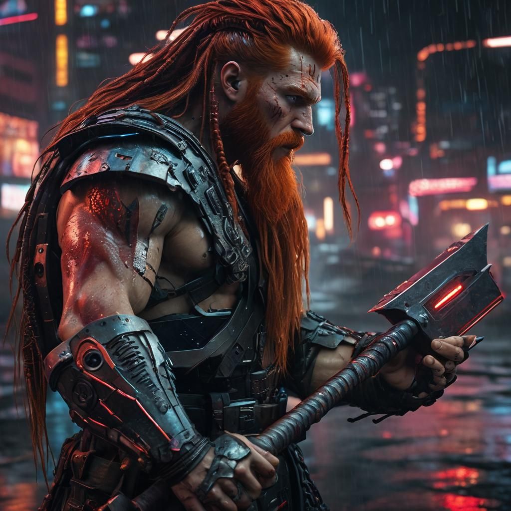 Cyberpunk Dwarf Warrior with Neon Reflections