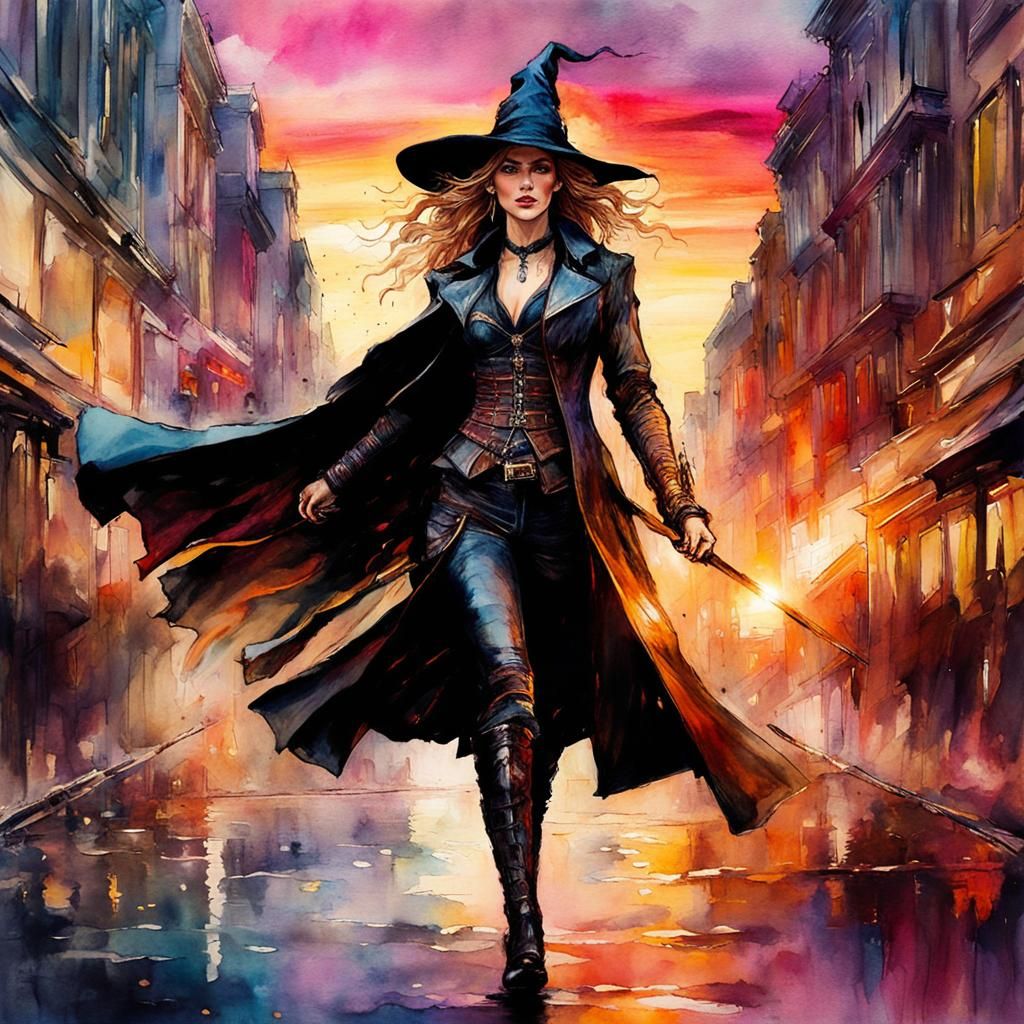 Aeropunk Witch Dancing at Sunset, Watercolor Art