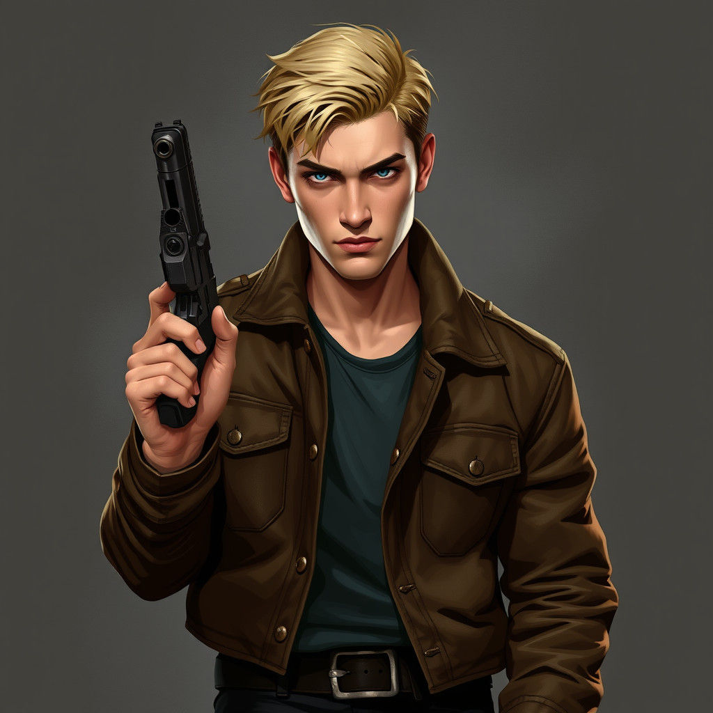 Man with Handgun in Gritty Digital Art Style