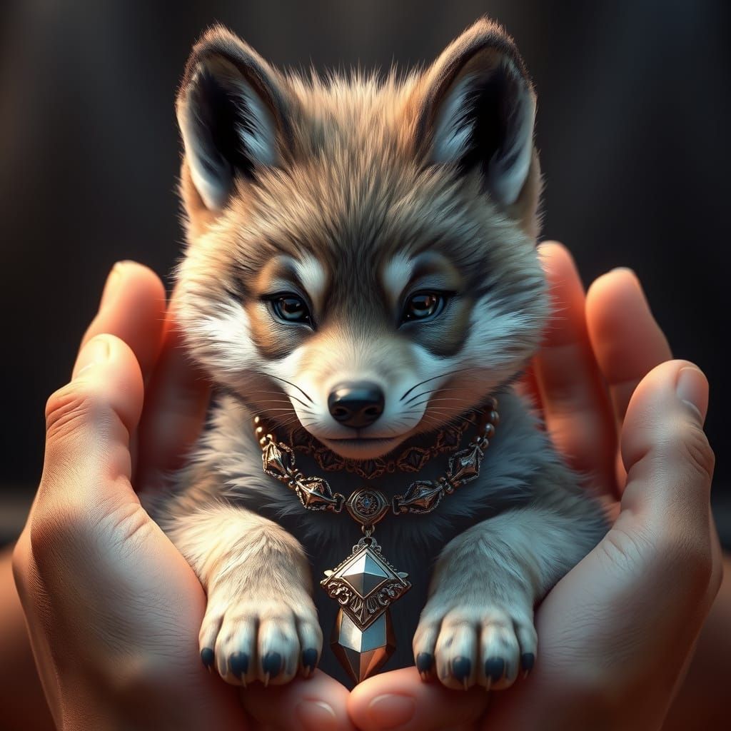 Hyperrealistic Wolf Pup with Necklace in 3D Anime Style