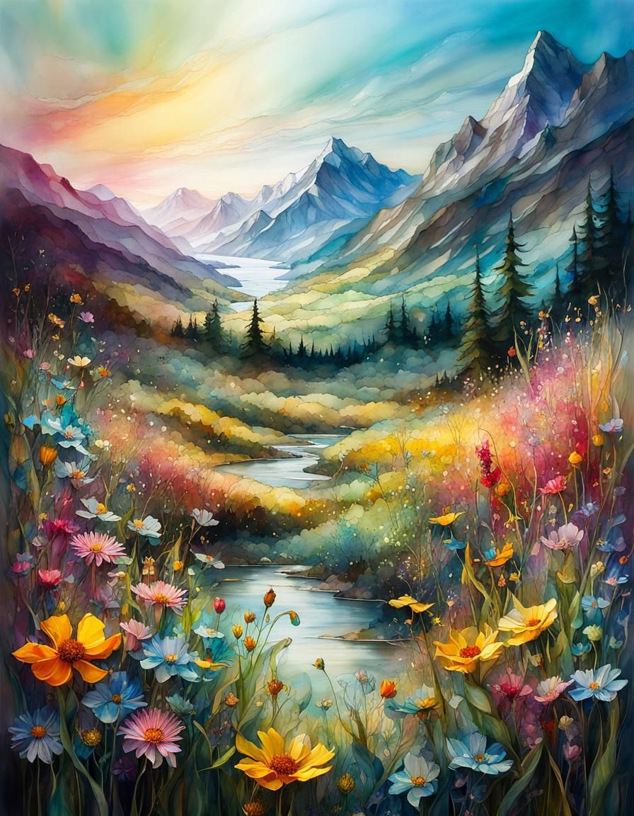 Resin Stained Glass Flower Meadow Digital Watercolor