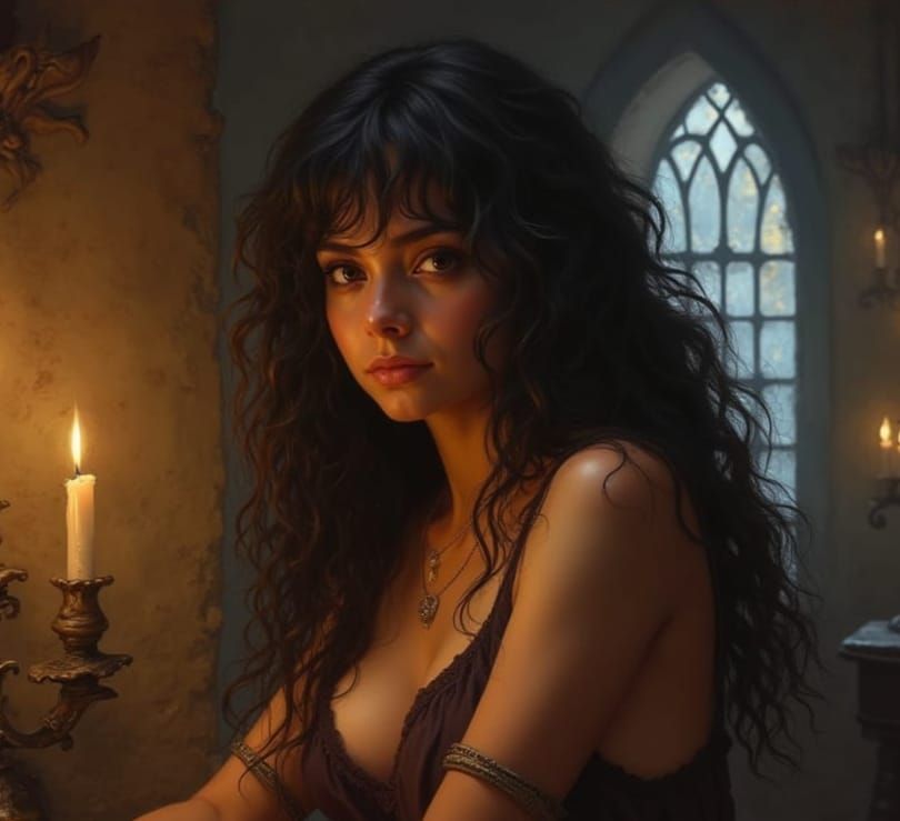 Vistani Woman in Candlelit Tavern, Oil Painting