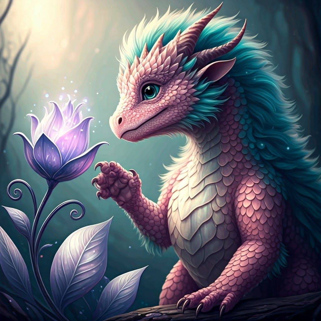 Pastel Dragon Touches Magical Flower in Dreamy Landscape