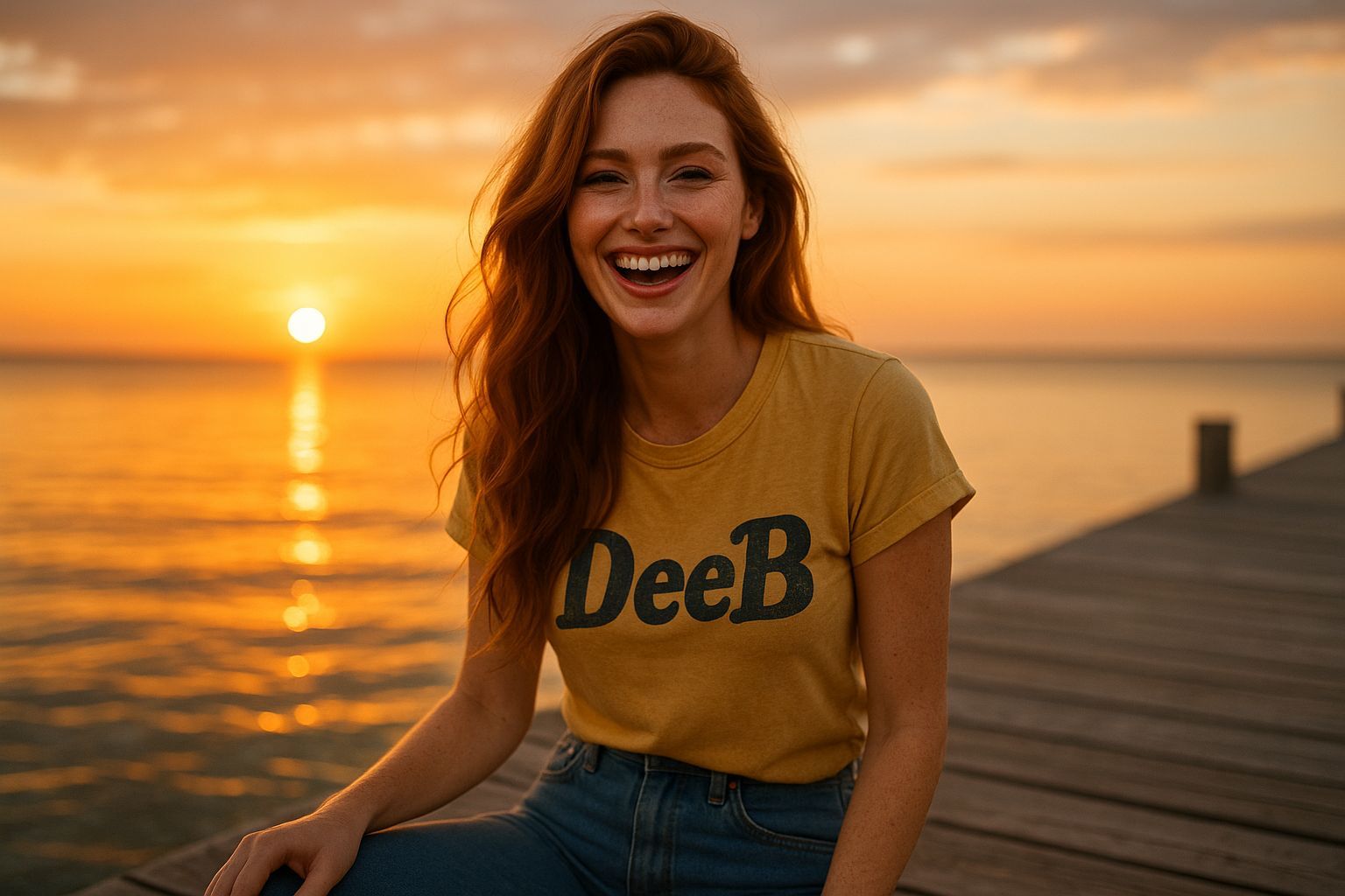 Laughing Woman with Ginger Hair at Sunset