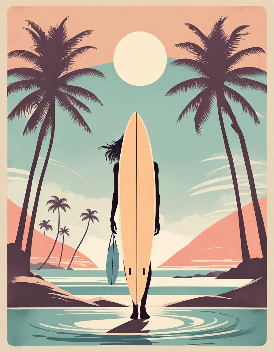 Tropical Beach Surfer Girl in Flat-Style Poster Art