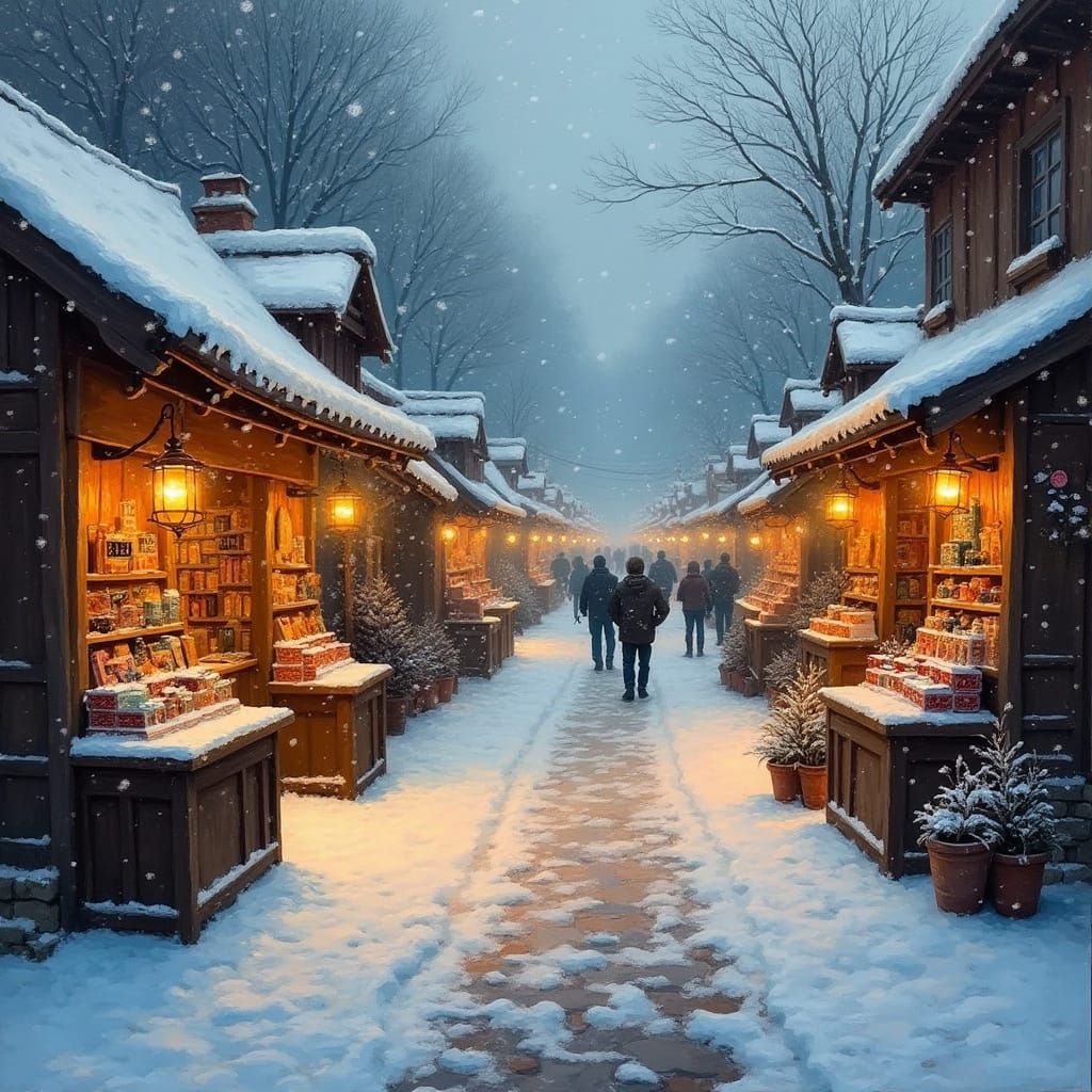 Cozy Winter Street Market in Impressionistic Oil Painting St...