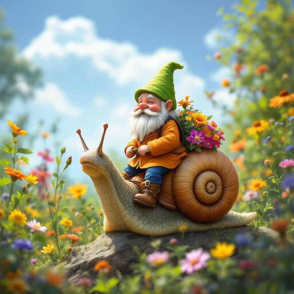 Gnome Rides Snail Through Lush Whimsical Garden
