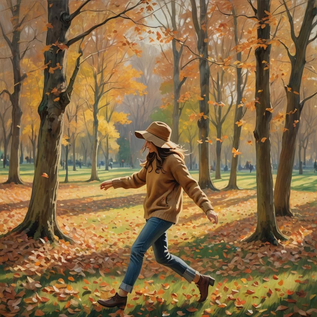 Girl with Autumn Leaves in Impressionistic Style