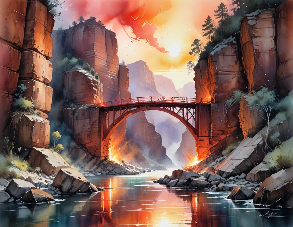 Watercolor Steel Bridge Over Canyon River at Sunset