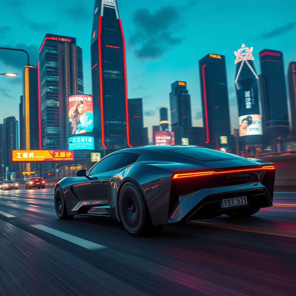 Futuristic Car Speeds Through Neon Seoul at Dusk