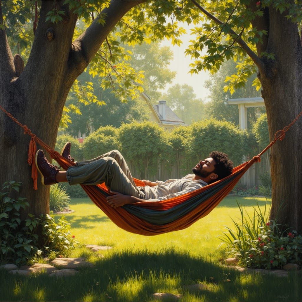 Man Sleeping Peacefully in Hammock: Hyperrealistic Oil Paint...