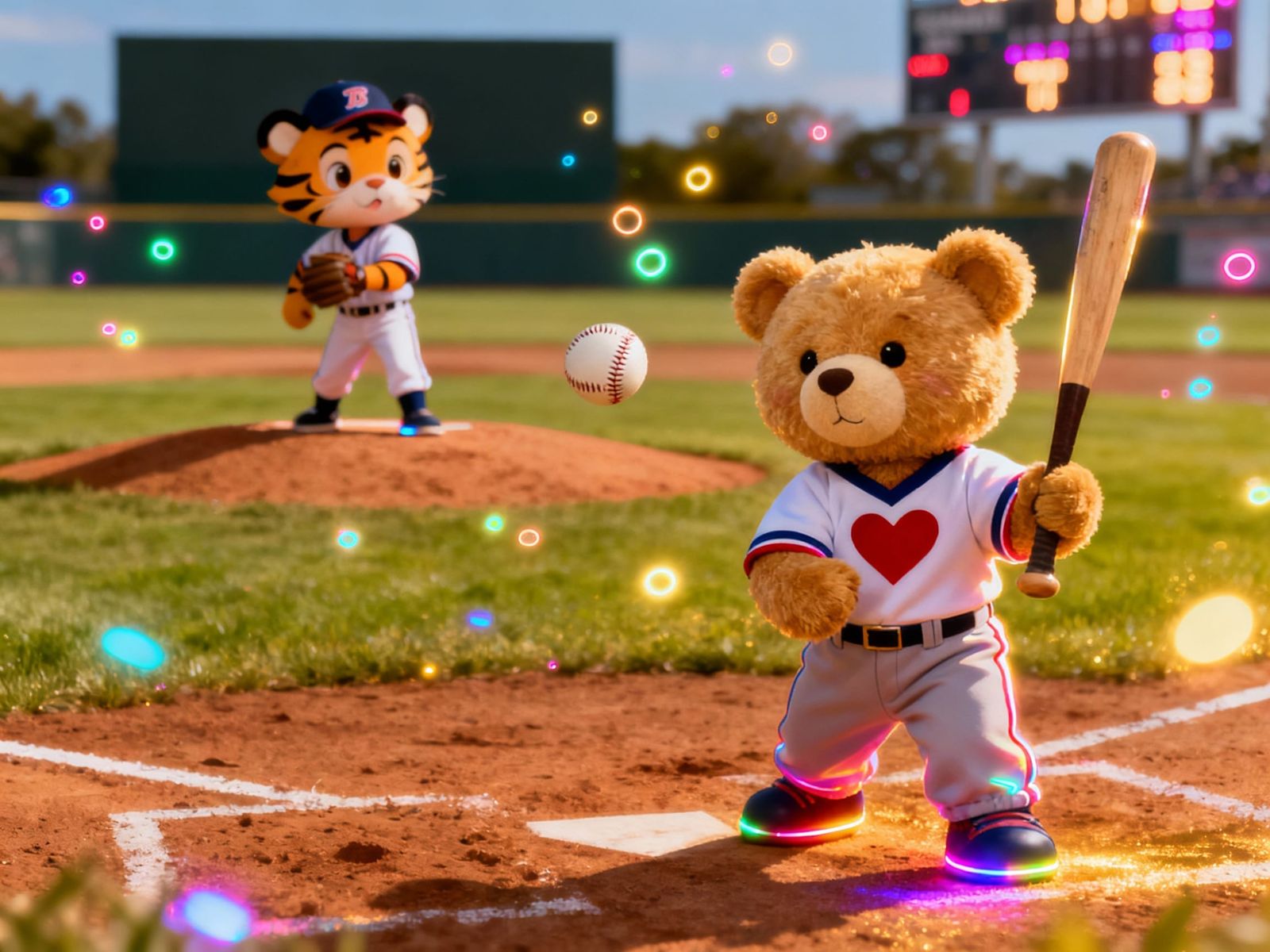 Cute Tiger Kid and Teddy Bear Play Baseball