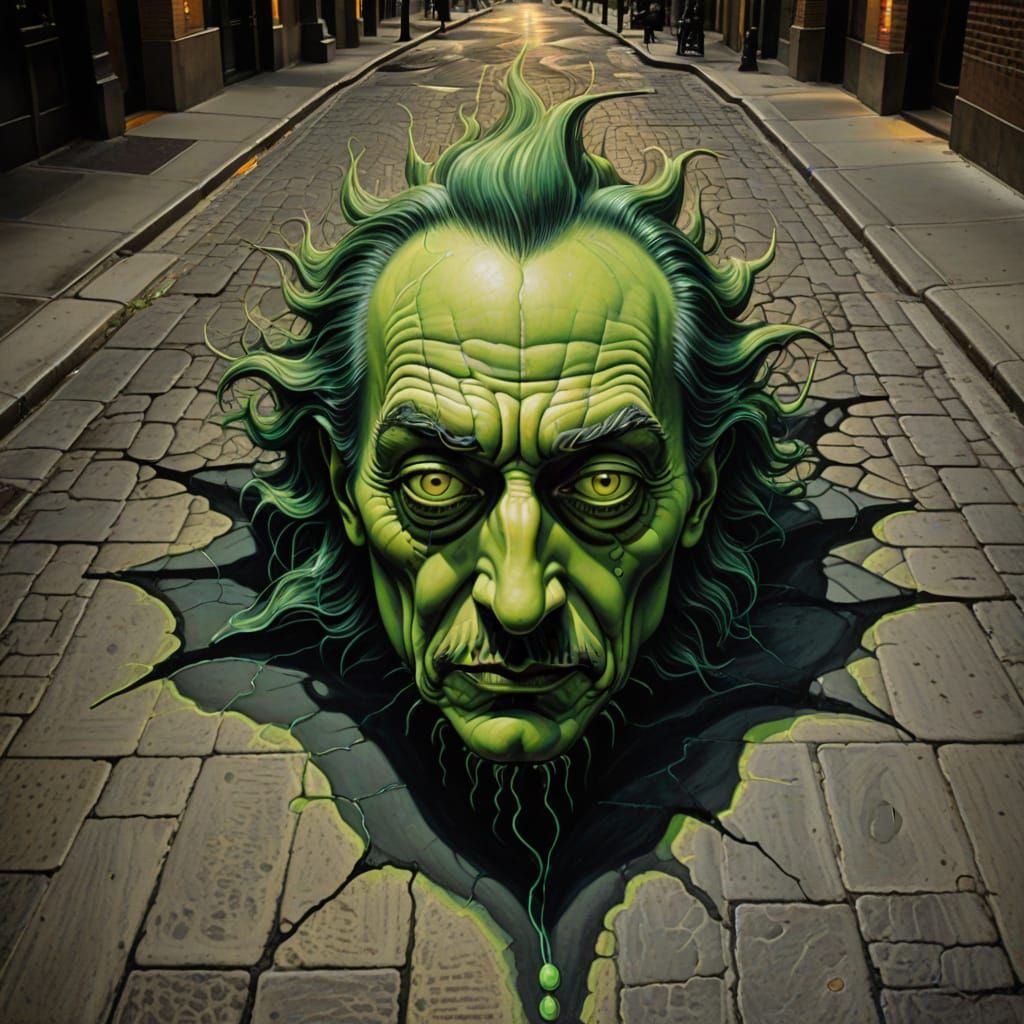 Grotesque Chalk Art Creature in Neon-Lit Night