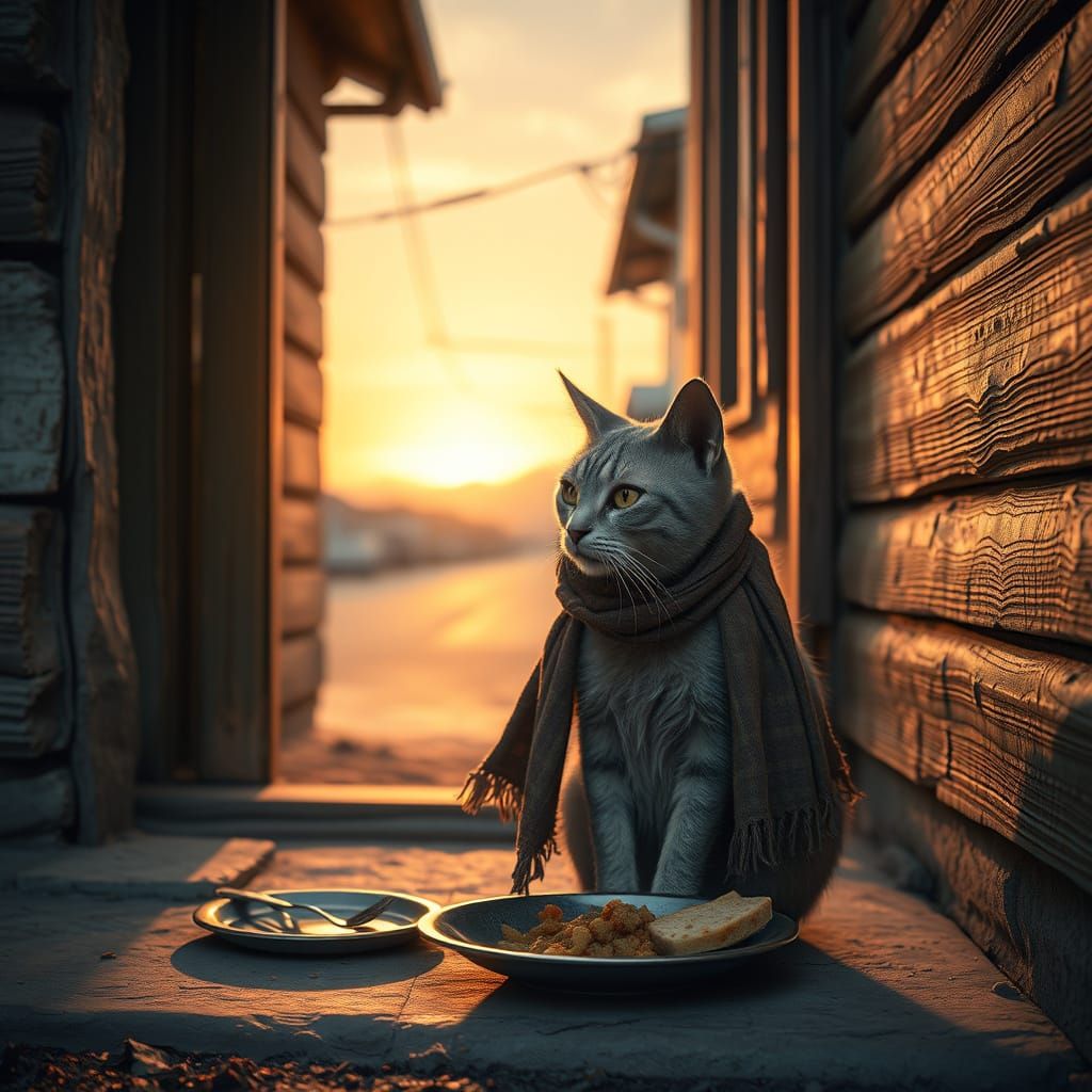 Elderly Cat Contemplates Isolation in Weathered House