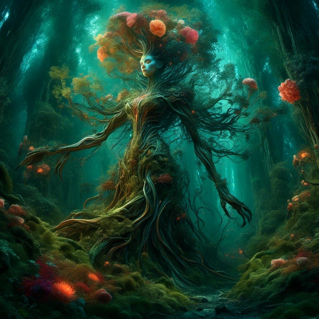 Rose Crowned Woman Merging with Biomechanical Fern