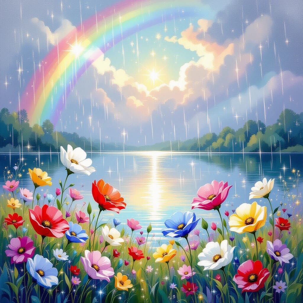 Magical Flowers in Rainy Meadow: Oil Painting