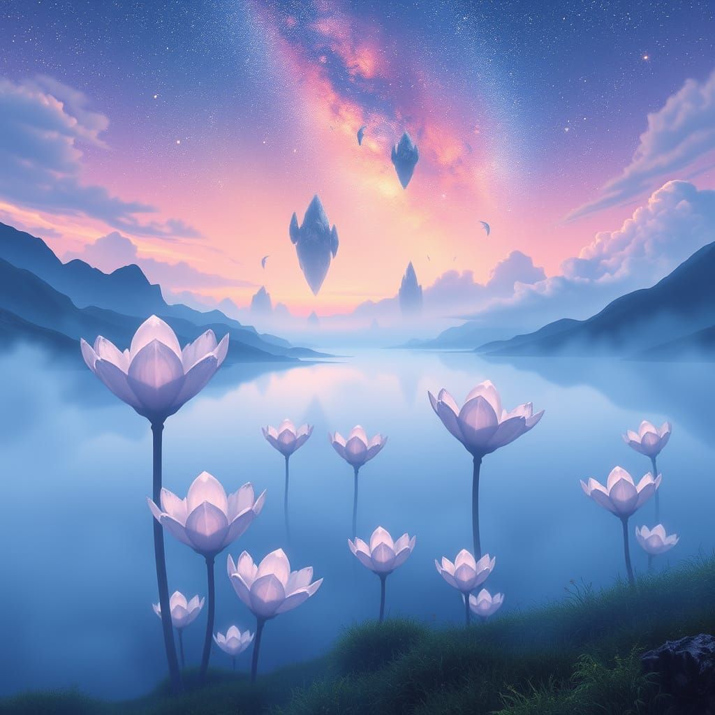 Giant Crystal Flowers on Misty Lake with Floating Islands
