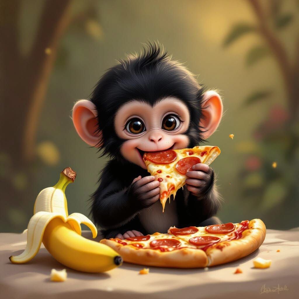 Baby Monkey Eats Pizza Beside Banana in Storybook Style